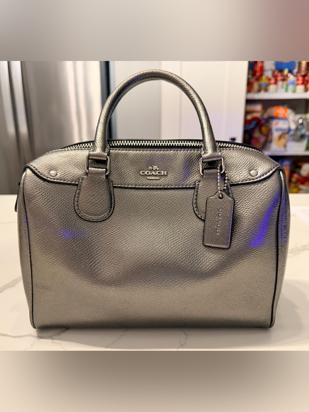 COACH Metallic Silver Pebbled Leather Satchel